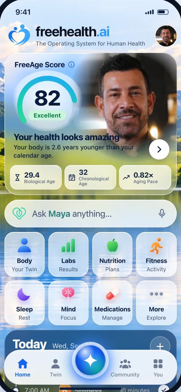 freehealth.ai app on iPhone showing a FreeAge score, Ask Maya search, and tiles for Body, Labs, Nutrition, Fitness, Sleep, Mind and Medications